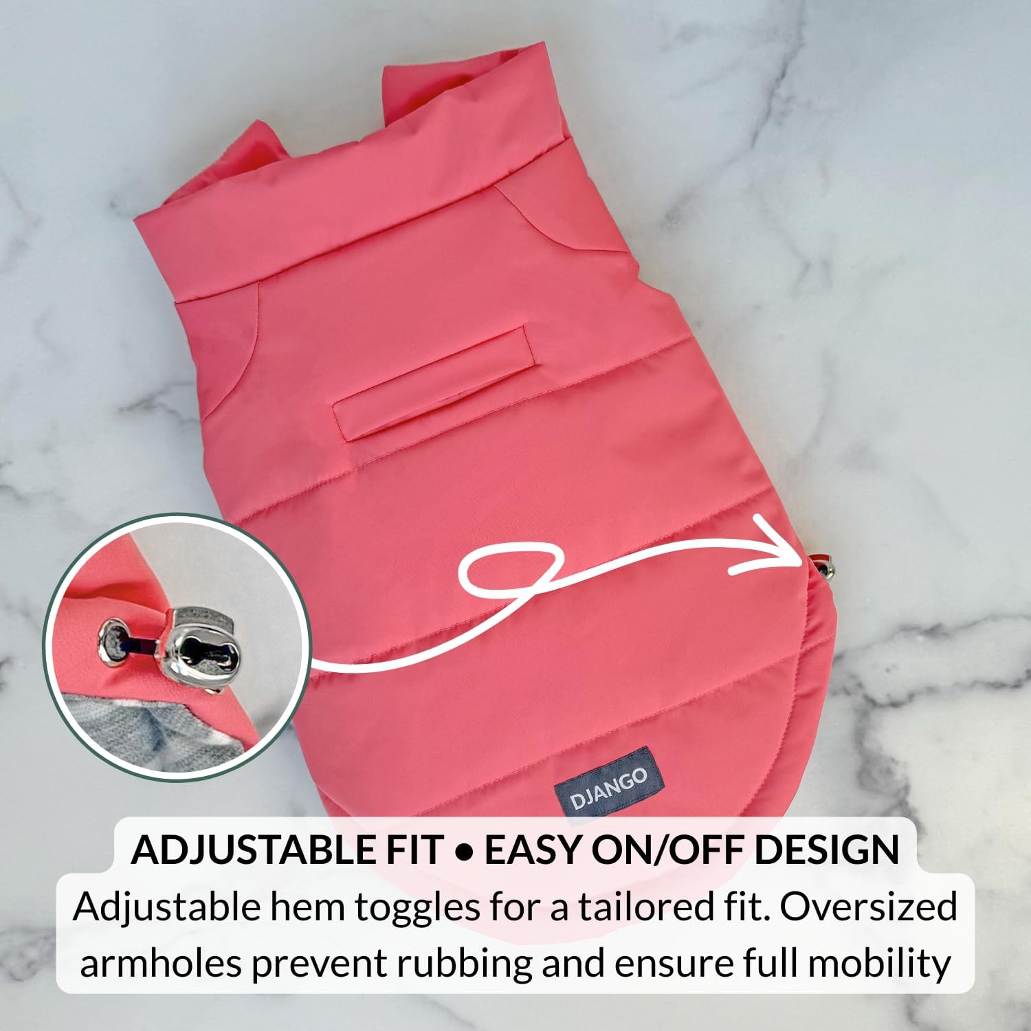 DJANGO Puffer Dog Coat – Warm Winter Dog Jacket & Water-Repellent Insulated Puffer Vest with Striped Lining, Harness Hole, Adjustable Fit for Small & Medium Dogs, Dachshunds – Rose Petal Pink, Medium
