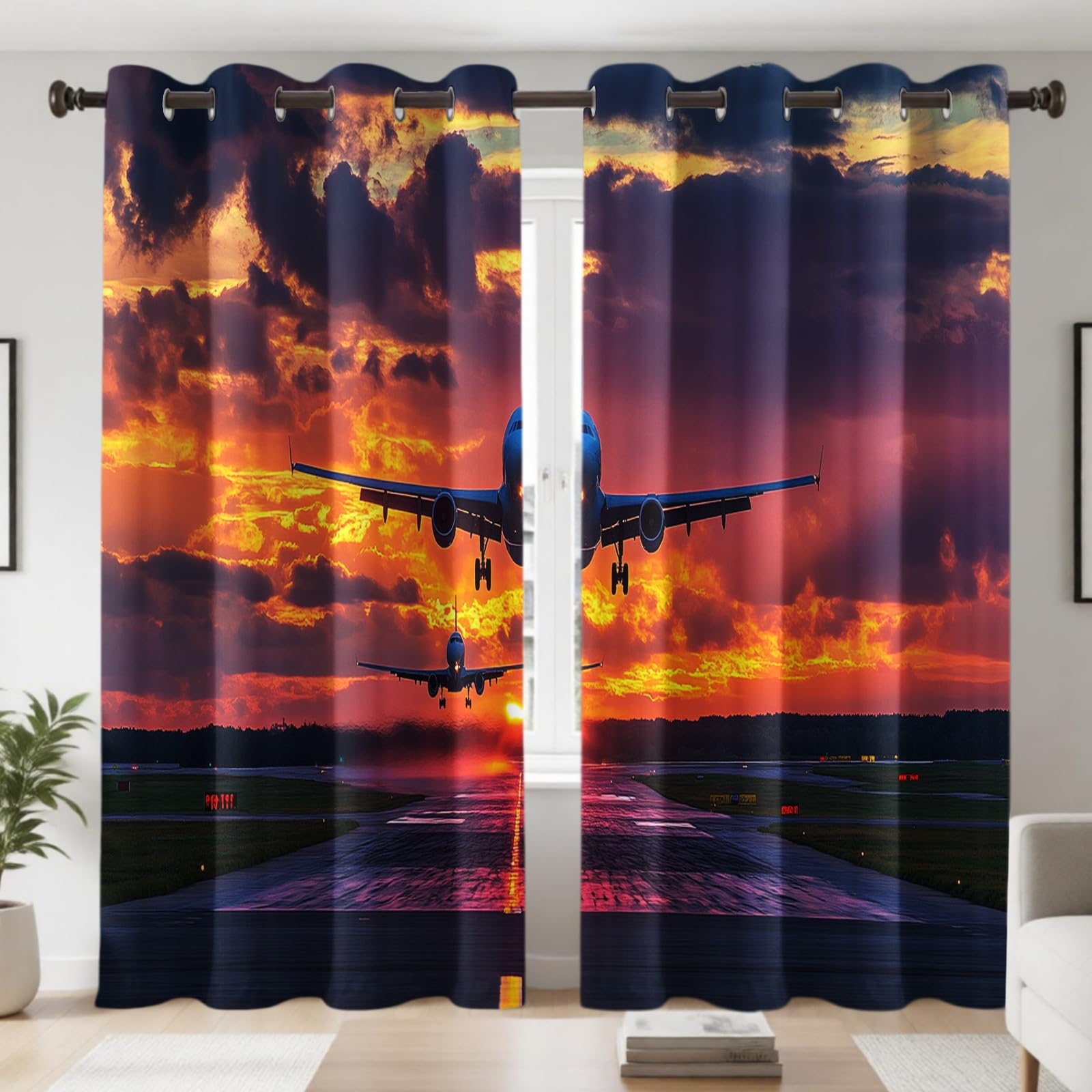 Rideaux Occultants Thermiques Lot de 2, Piste d'avion Avion de passagers 132L X 210H cm Isolation Contre la Chaleur, pour Chambre et Salon