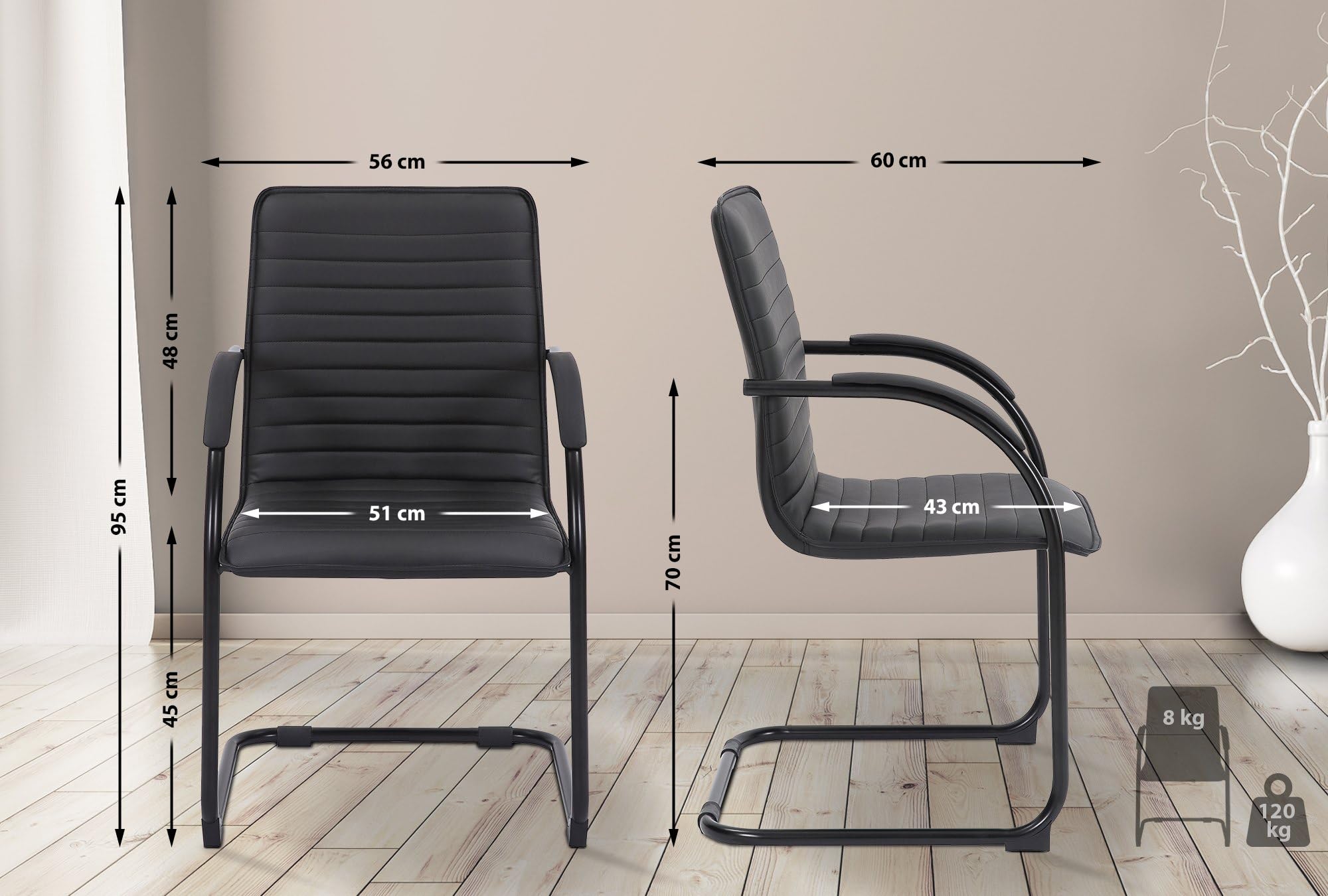 CLP Lot de 2 chaises visiteurs Tira en Similicuir I Chaises à piètement Luge avec Assise rembourrée, Couleur:Noir/Noir