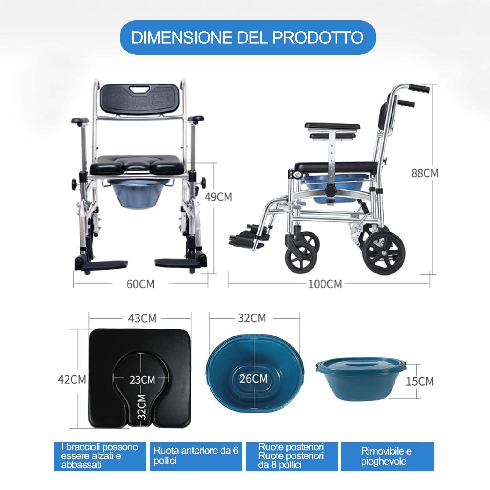 Sedia Doccia Disabili con Ruote, Sedia a Rotelle Doccia, Sedia Comoda WC per Anziani con Ruote, Sedia Wc per Disabili, Sedia Multifunzione Anziani, Comoda Wc Portatile