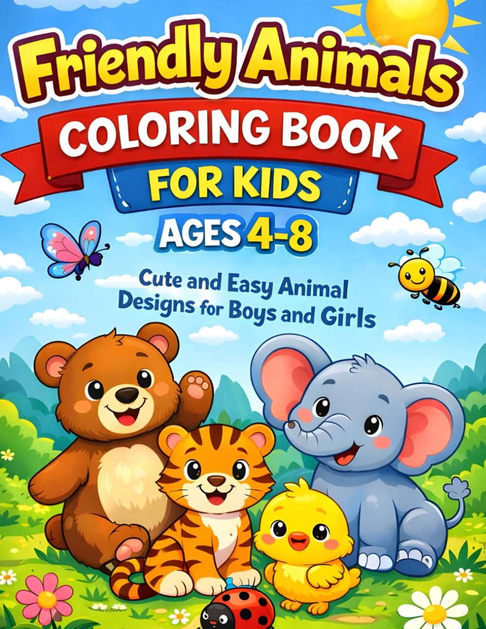 Friendly Animals Coloring Book for Kids Ages 4-8: Cute and Easy Animal Coloring Pages with Fun Maze Puzzles – Activity Book for Boys and Girls, Preschool and Early Learners