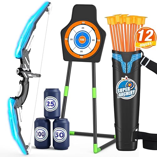 Bow and Arrow for Kids, LED Light Up Archery Set with 12 Suction Cup Arrows, 1 Standing Target, 3 Score Targets & 1 Quiver, Indoor Outdoor Sport