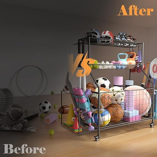 Miniatura 6 de Organizador de equipos deportivos, estantes de almacenamiento de pelotas de garaje, almacenamiento de juguetes al aire libre con 2 estantes