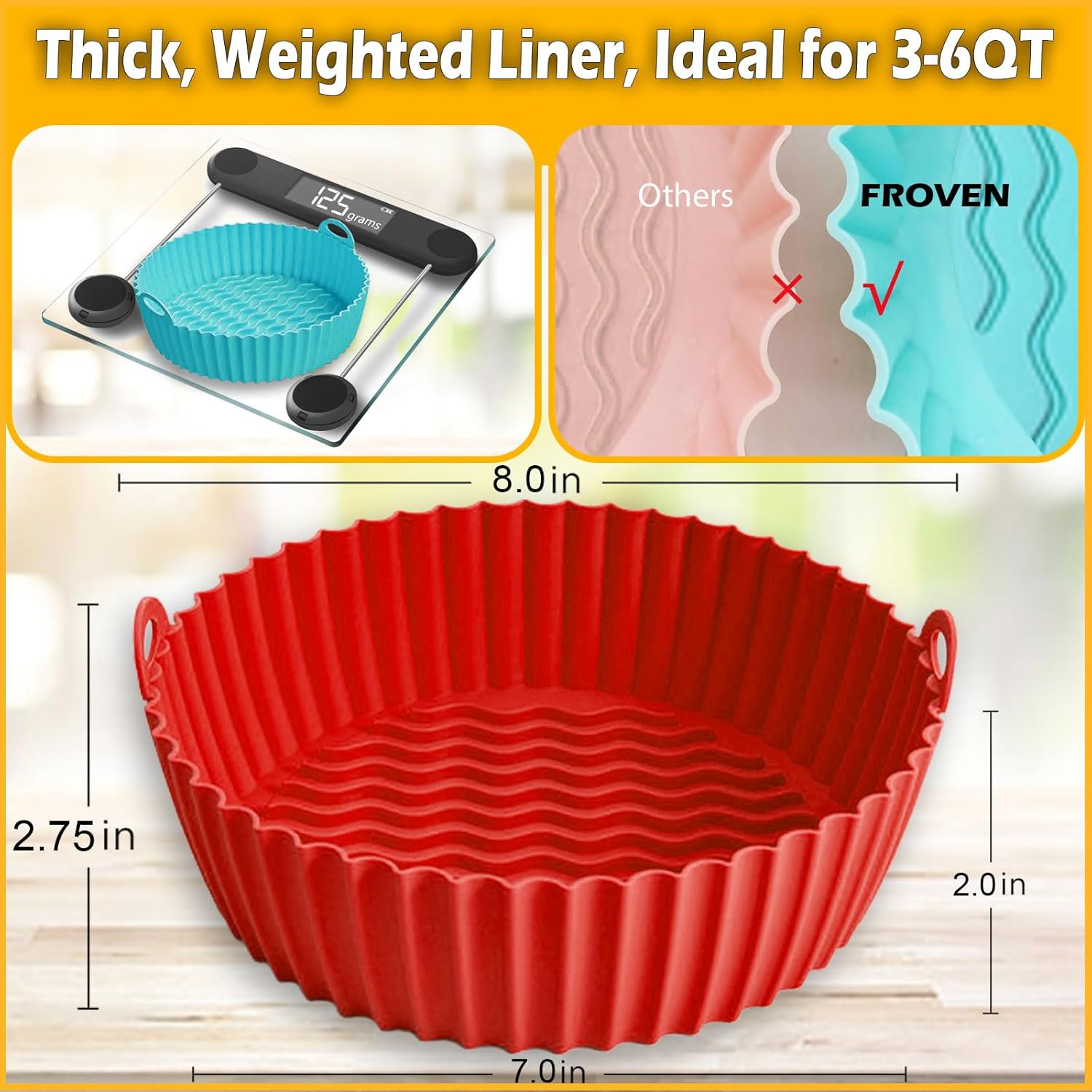 8 Inch Round Silicone Air Fryer Liners (2 Pack) Reusable Red & Cyan Non-Stick Liner Inserts, Heat Resistant, Dishwasher Safe for 3QT to 6QT Air Fryers, Compatible with Most Airfryer Brands - Image 2