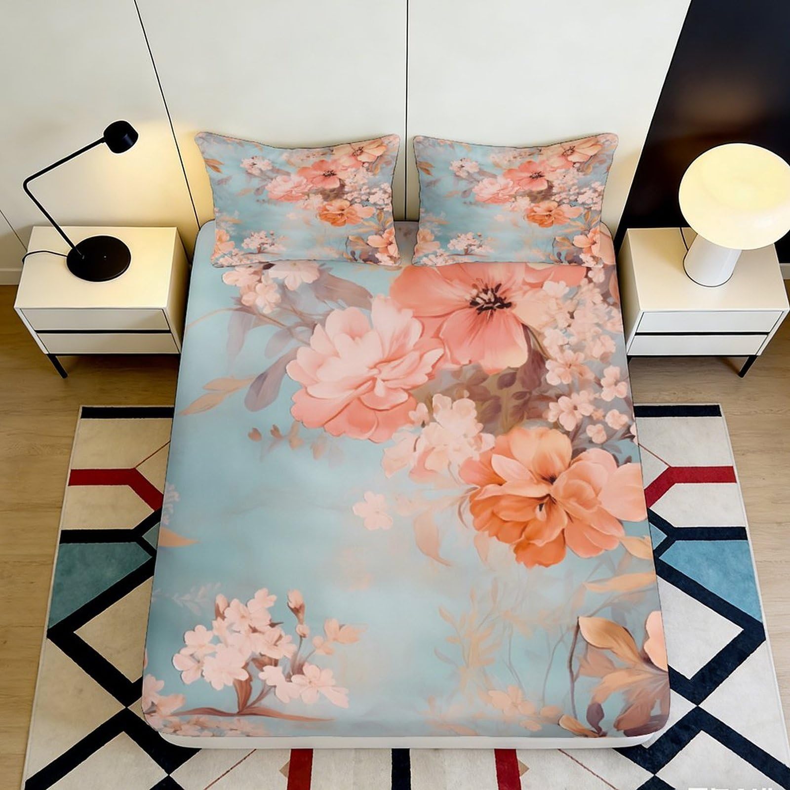 Pnayamiorkfel Style-2 3D Printed Pastel Floral Fitted Sheet Microfiber Soft Peach Blossom Bed Cover Anti-Slip Machine Washable For Bedroom Guest Room Decor 90X200x25cm