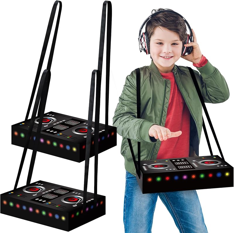 MotiMind 2 Pcs DJ Costume 80s 90s Hip Hop Paper Mixer Boxes with Strap | Retro Music Rapper Party Props, Neon DJ Equipment Design, Adjustable Shoulder Straps, Birthday Novelty Decorations