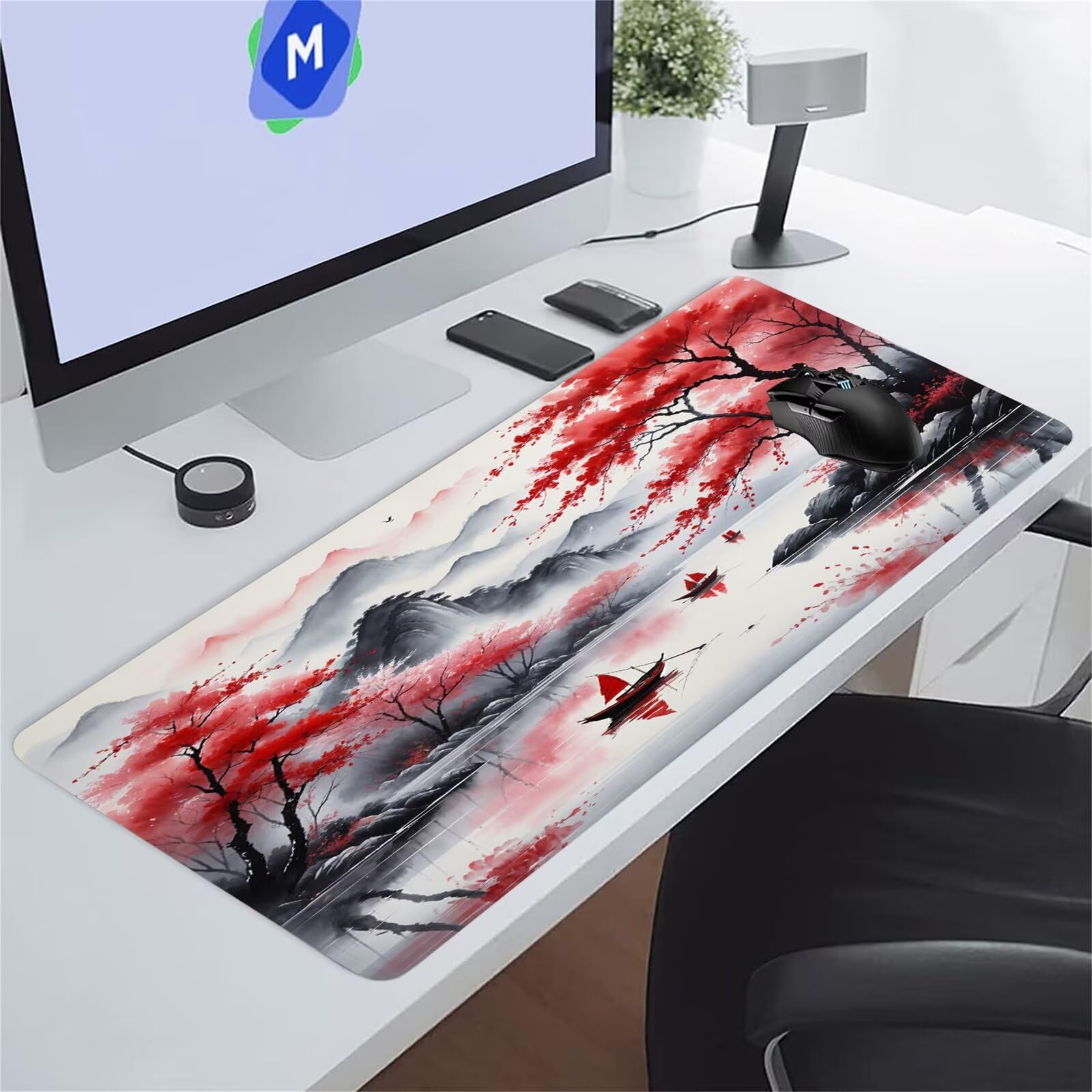 Tappetino per Mouse Gaming XXL 1200x600x2 mm, Mousepad Extra Large da Scrivania con Tappetino per Tastiera Antiscivolo, Superficie Ottimizzata per Sensori Ottici, Pittura Inchiostro Giapponese