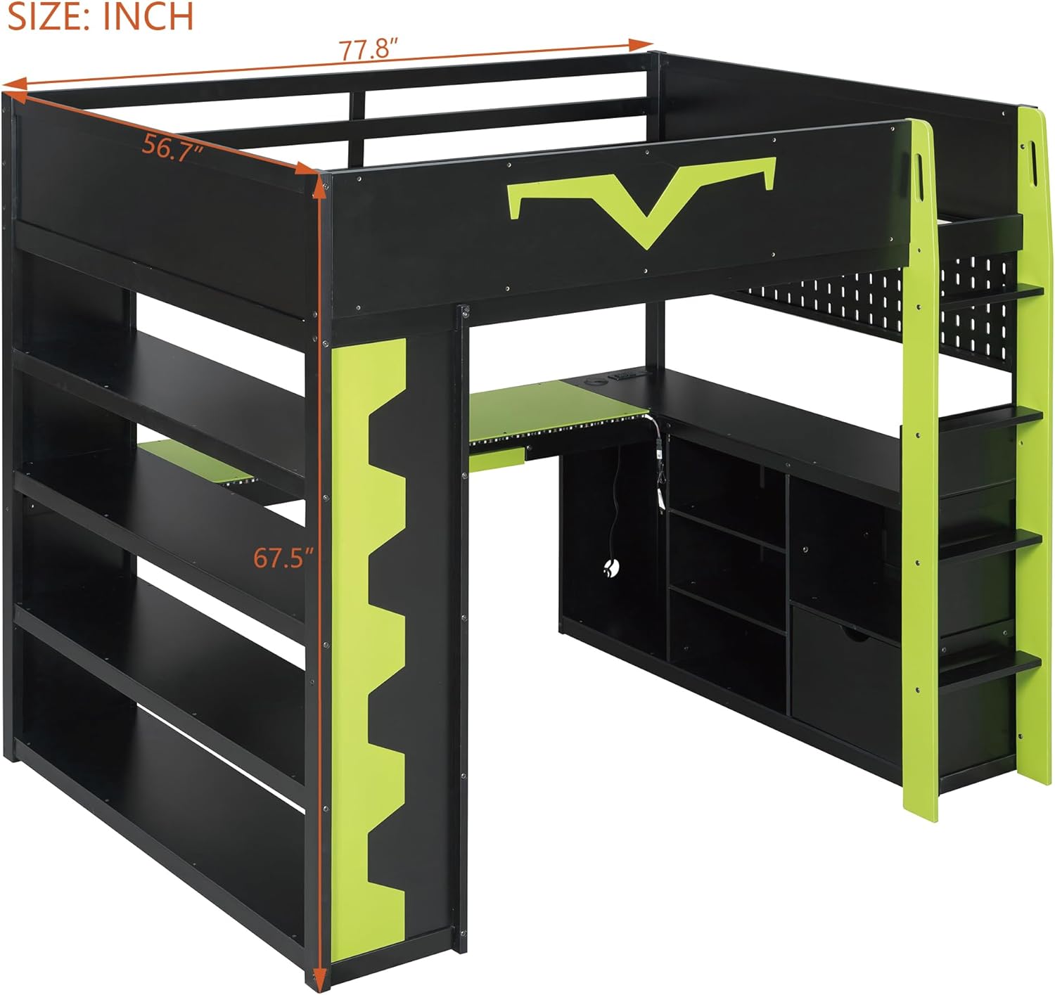 Merax Full Size Gaming Loft Bed with Desk and RGB LED Lights, Pro-Gamer Bed with Power Outlet, Large Bookshelf, Pegboard, Keyboard Tray & Drawer, Green