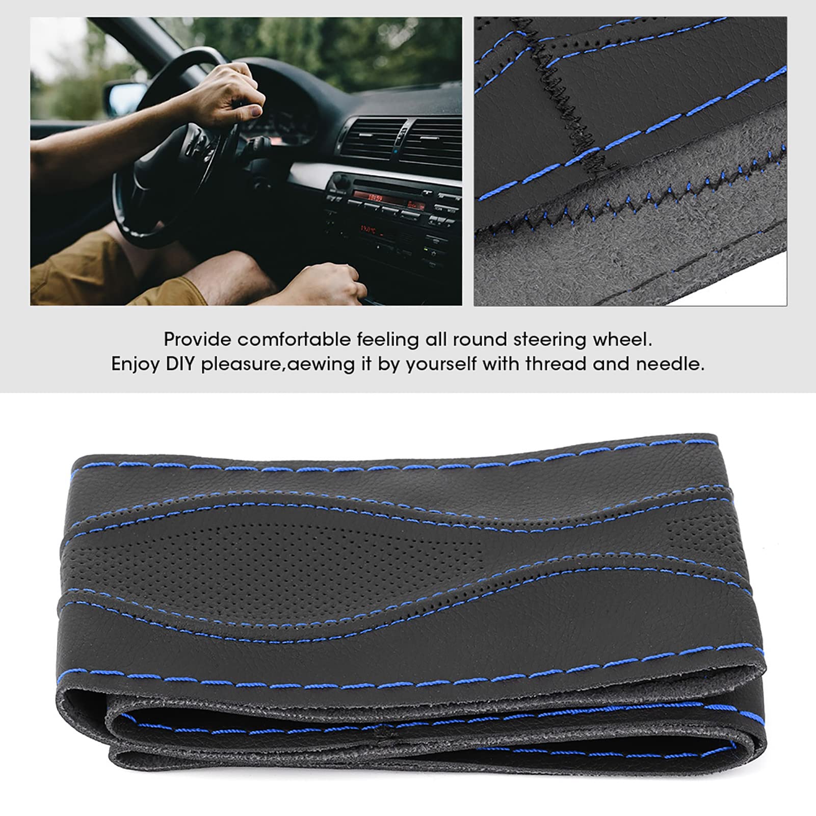 Housse De Volant En Cuir 38cm - Couture Main Bleu Noir - Accessoire Auto DIY Universel