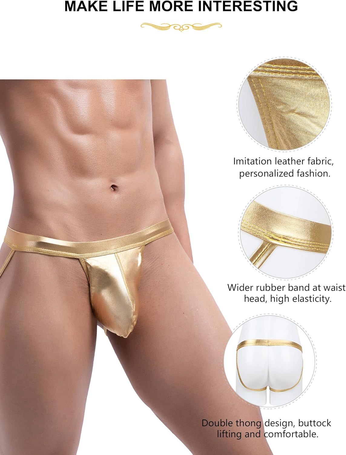 comeondear Men's Jockstrap Underwear Faux Leather Thong Underwear G-String with Pouch Butt-Flaunting Gym Low Rise Brief - Image 2