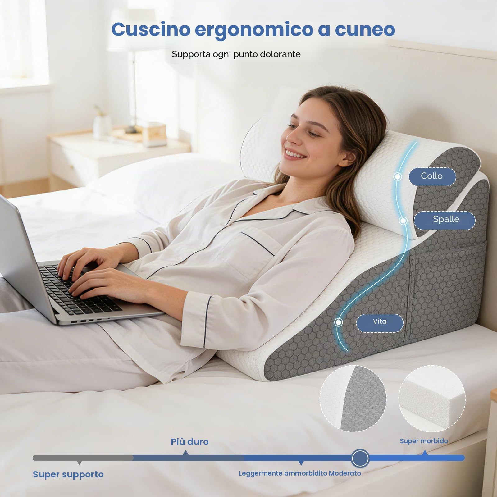 Cuscino da lettura per letto e divano, cuscino curvo a cuneo con memory foam, schienale ergonomico, cuscino reflusso, custodia lavabile, cuscino da reflusso per adulti, 50 x 50 x 30 cm