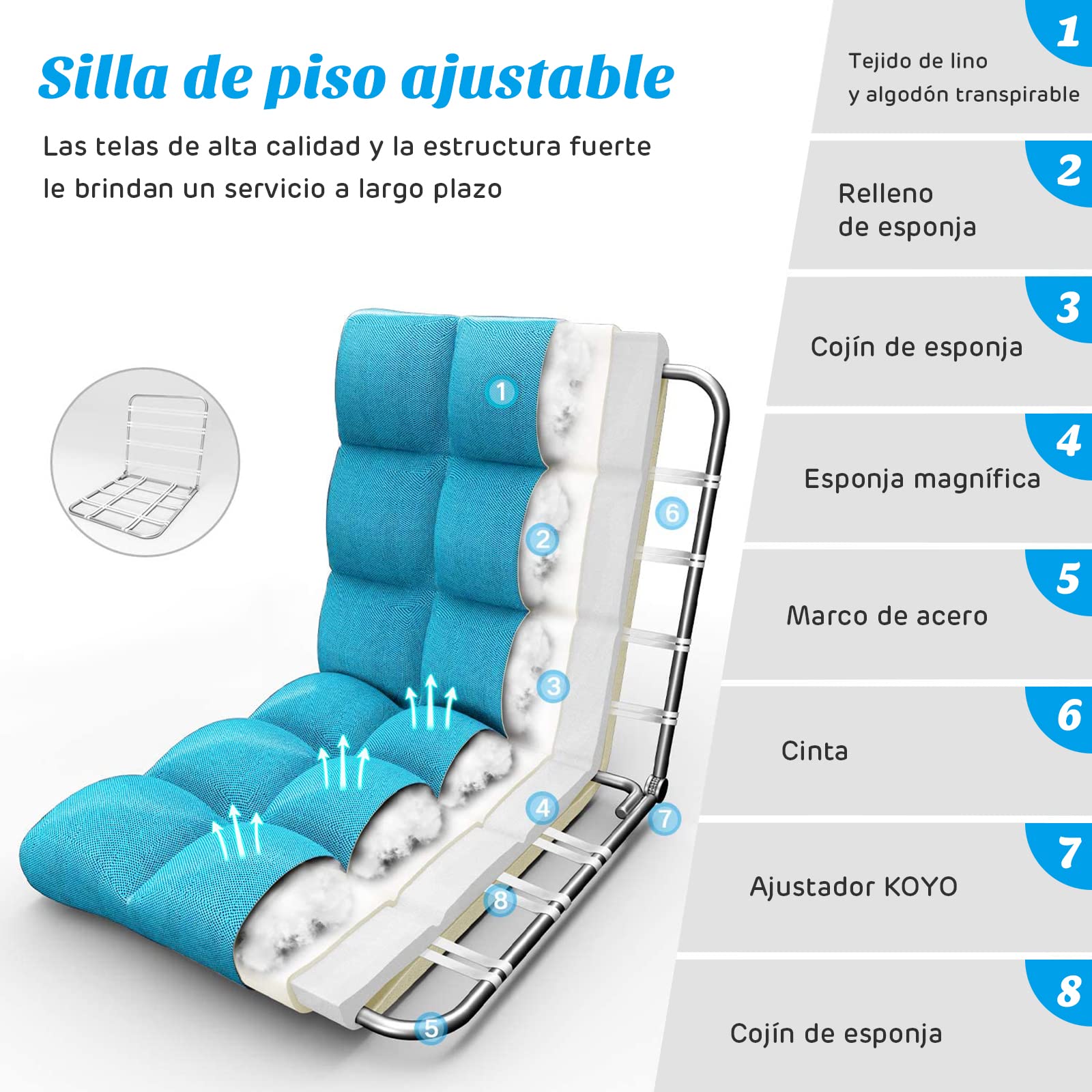COSTWAY Silla de Suelo con Respaldo Ajustable en 14 Posiciones Silla de Piso de Espuma con Funda Extraíble Asiento para Estudio Salón (Azul Claro)