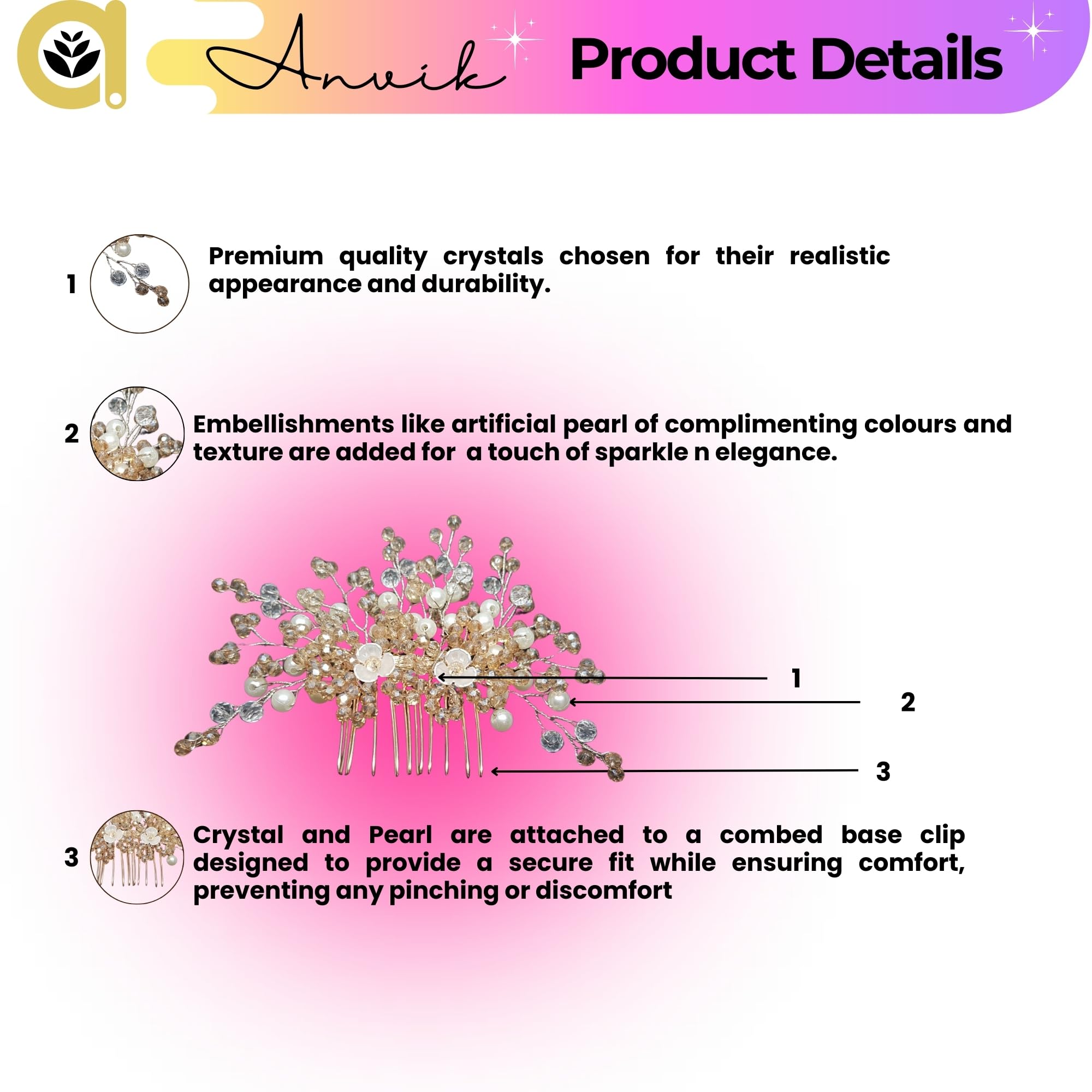 ANVIK Pearl And Crystal Fancy Hair Clip/Side Pin/Comb Pin/Juda Pin/Crystal Bun Pin For Women And Girls Bride Hair Styling Wedding Hair Accessories For Women Flower Hair Accessory - Image 2 thumbnail