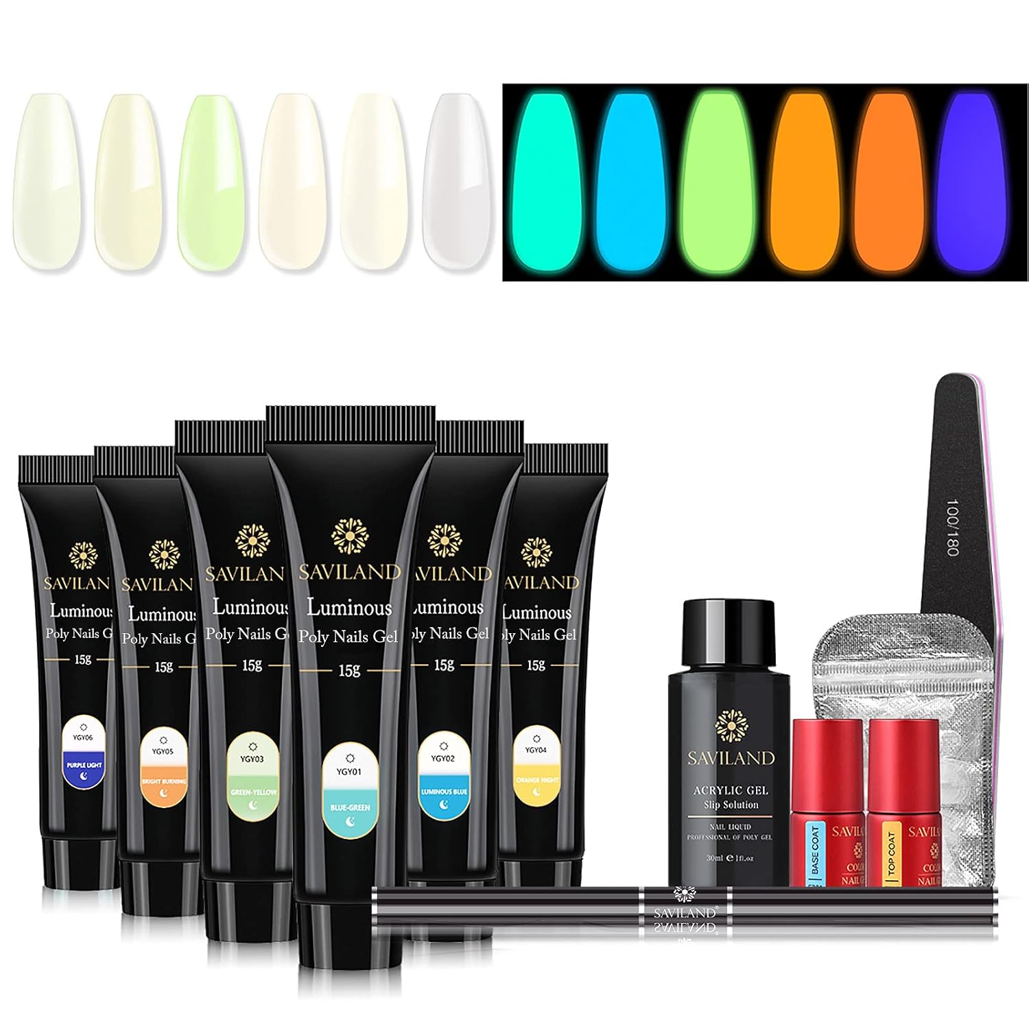 SAVILAND Poly for Nail Gel Kit - Glow in the Dark Poly Nails Gel Builder Gel Nail Extension Nail Enhancement for Gel Polish Starter and Professional Nail Technician