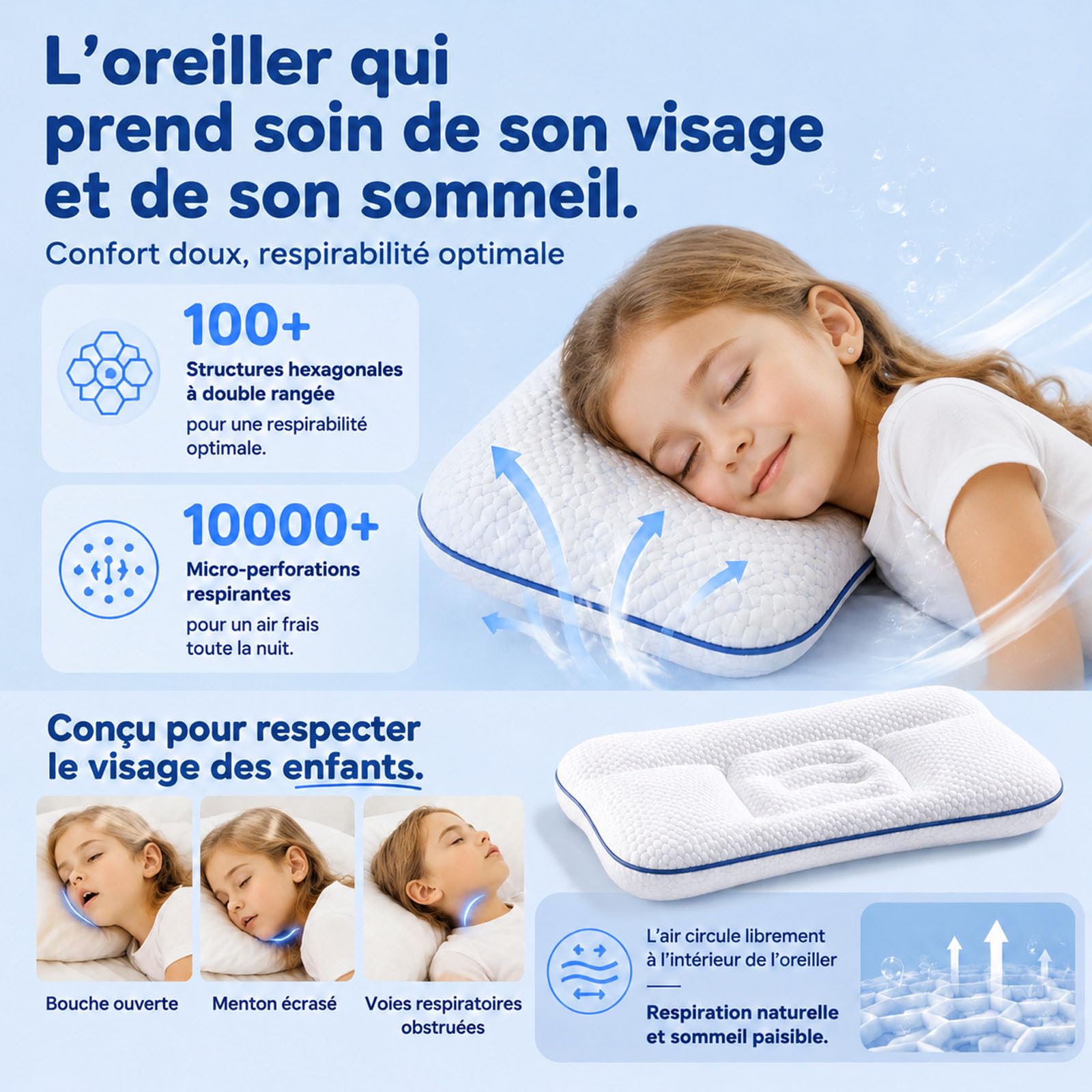 Générique Oreiller De Posture pour Enfants, Oreillers pour Enfants, Oreiller Respirant Double Face Enfant De 1 À 12 Ans, Oreillers Enfant Dormant sur Le Côté, Idéal Les Voyages (H2 : 4-6 cm)
