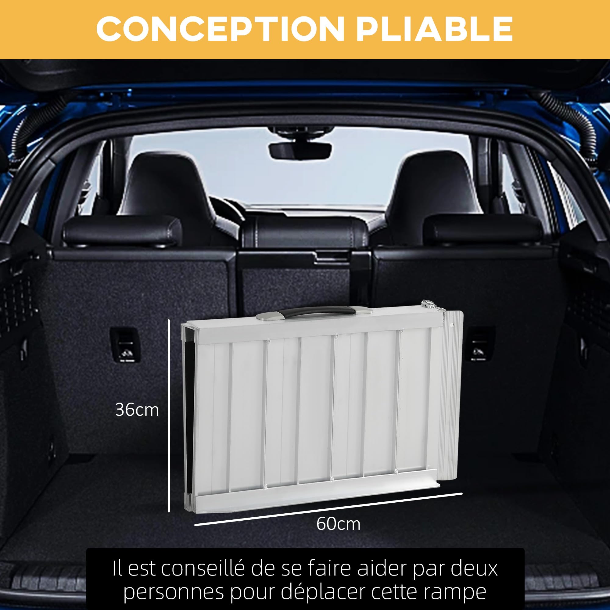 HOMCOM Rampe de Fauteuil Roulant Pliable, Rampe de Chargement sablage 60x73 cm en Alliage d'aluminium, antidérapante, Bordures de sécurité, Charge Max. 270 kg, Noir