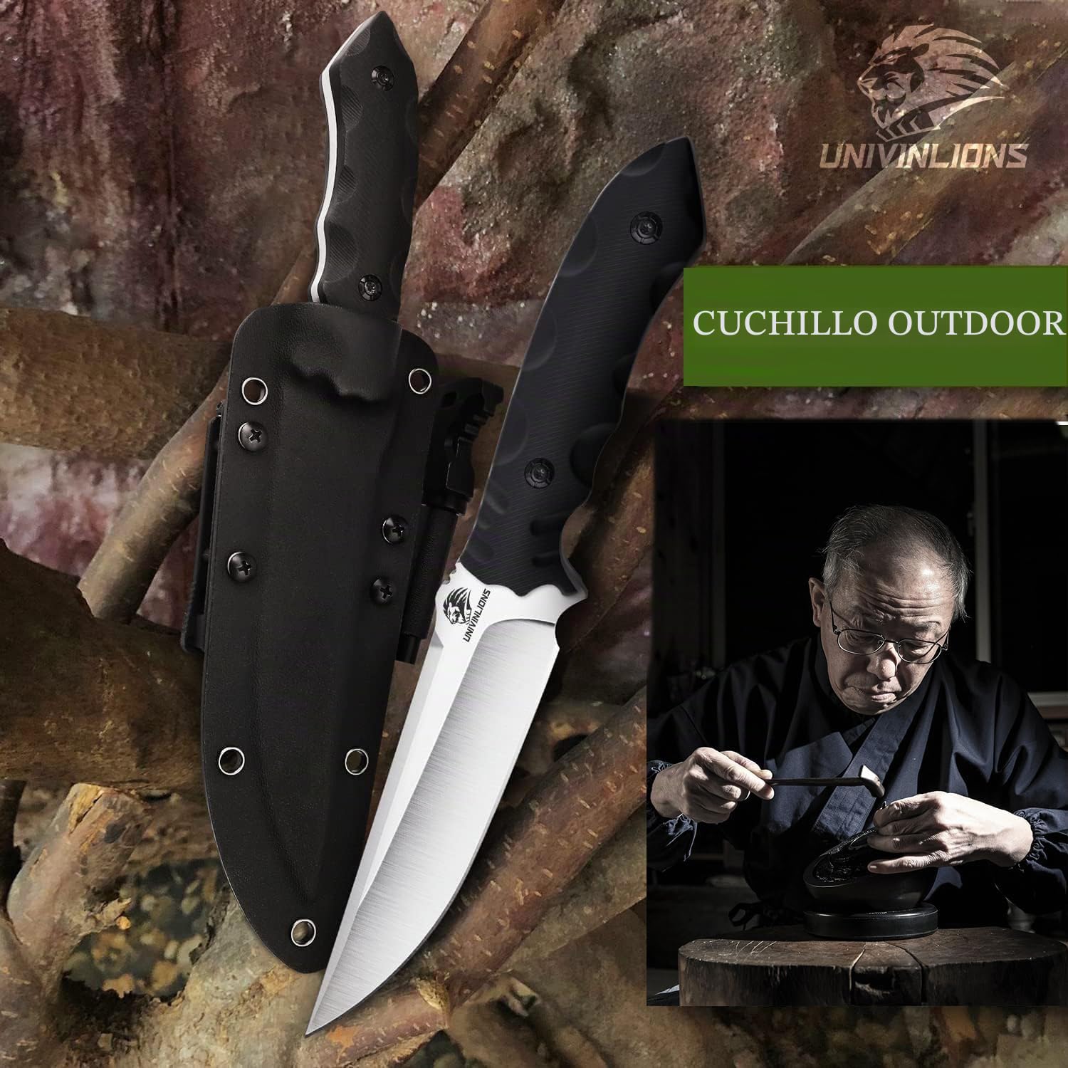 Cuchillo de supervivencia D2 full tang con funda, hoja fija out | Hoja D2 con mango G10 y funda incluida, diseñada para aventureros, cazadores y amantes del outdoor y supervivencia.