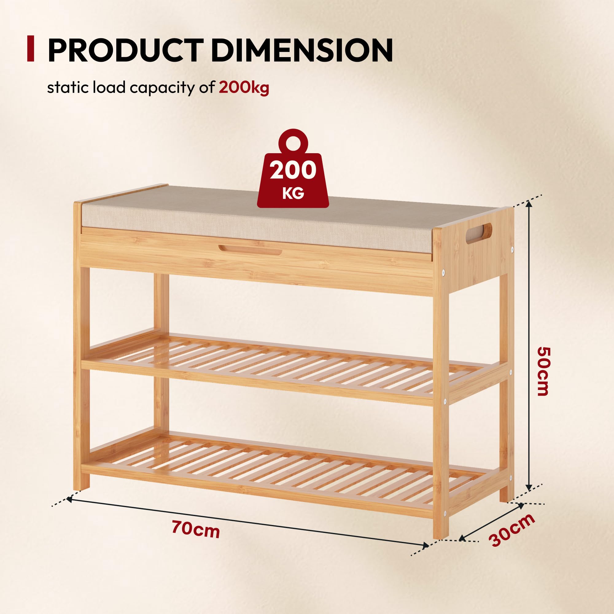 SANODESK Banco Zapatero de Bambú para Entrada, Taburete Otomana con 2 Cajones de Almacenamiento, Asiento Acolchado Cómodo, Natural