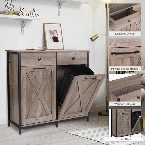 Miniatura 5 de Clevich Gabinete de basura con doble inclinación hacia fuera de 20 galones, armario de reciclaje de madera para cocina, soporte oculto con cajones y