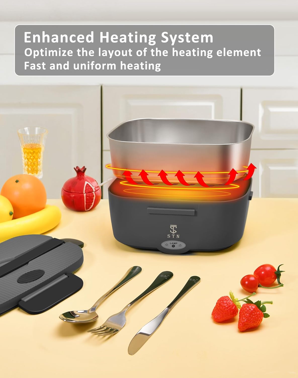 STN Heated Lunch Box connected to 110V wall outlet and 12V car adapter