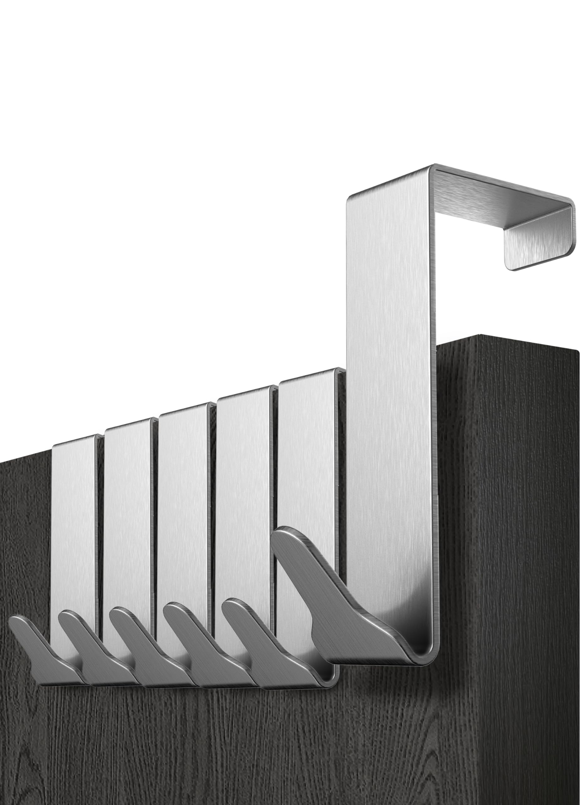Menz Over Door Hook 6 Pack Silver, Stable Overdoor Hanger. Rust-Free Door Hangers for Clothes, 3.6cm Fit. 15kg Coat Hanger, Stainless Steel with EVA Pads, Prevents Scratches