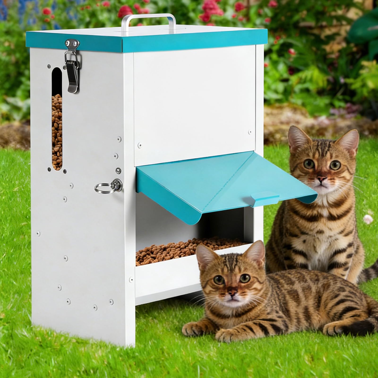 Dispensador Comida Gatos con Comedero Elevado, 10L, Alimentador para Mascotas Integramente de Metal, Tolva para Varios Gatos, Robustos, a Prueba de Lluvia y Nieve