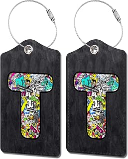 2 Pack Initial Luggage Tag for Suitcase, Cool Letter Unique Leather Bag Tags Identifiers Privacy Cover ID Label with Durable Steel Loop for Women Men Kids Girls Travel, Letter T