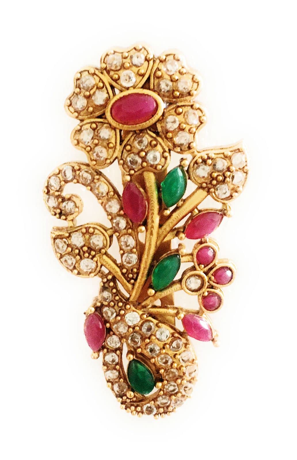 brooch pins for women and girls small size matte finish flower design saree pin with ruby red, white and green color stones latest metal bridal dress suit pin (B0BB6MN1V9) Amazon Price History, Amazon Price Tracker