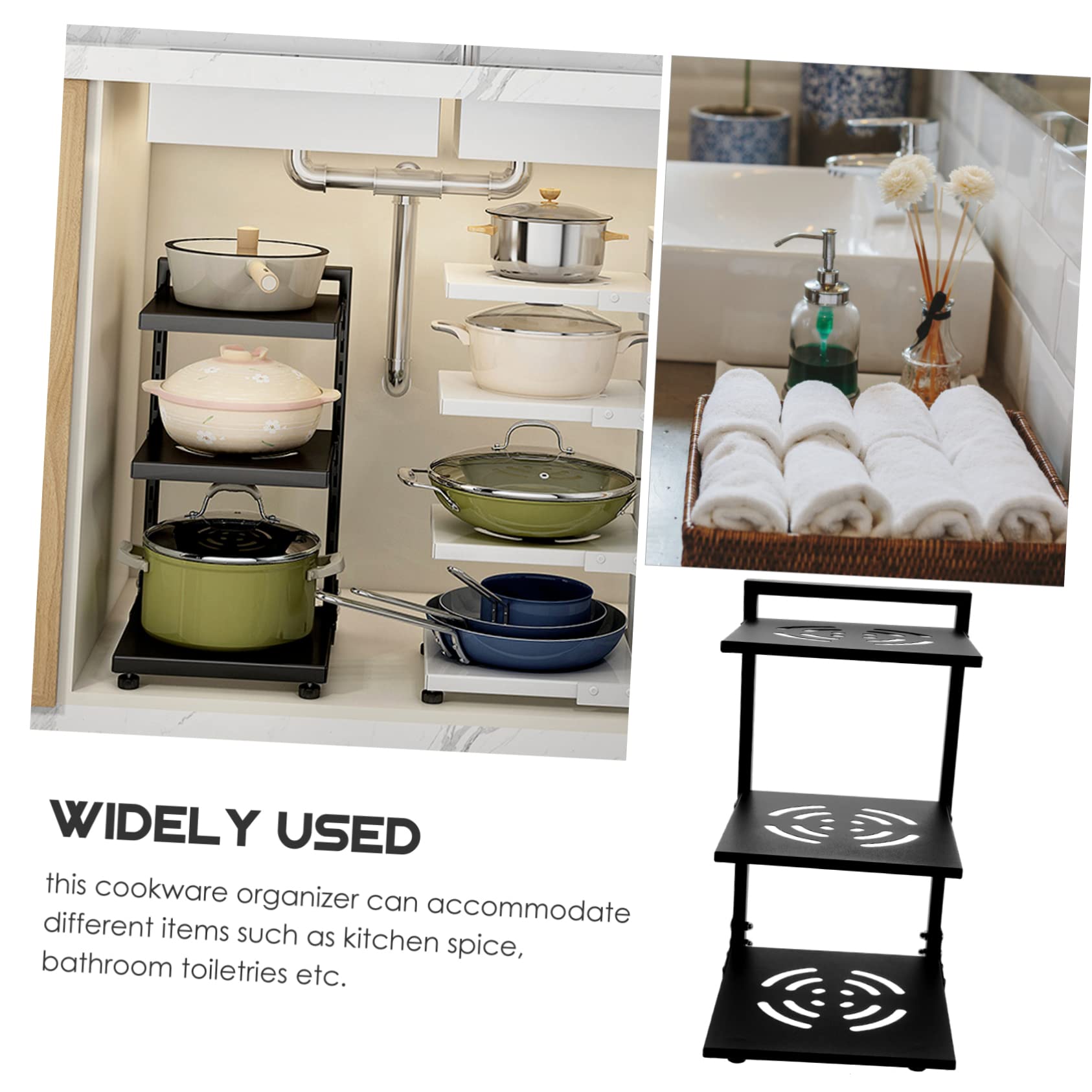 UKCOCO Organizzatore per Organizzare Pentole e Padelle per Pentole a 3 Livelli in Acciaio al Carbonio Nero Spazi Regolabili, Scaffale Multifunzione per Cucina e Bagno