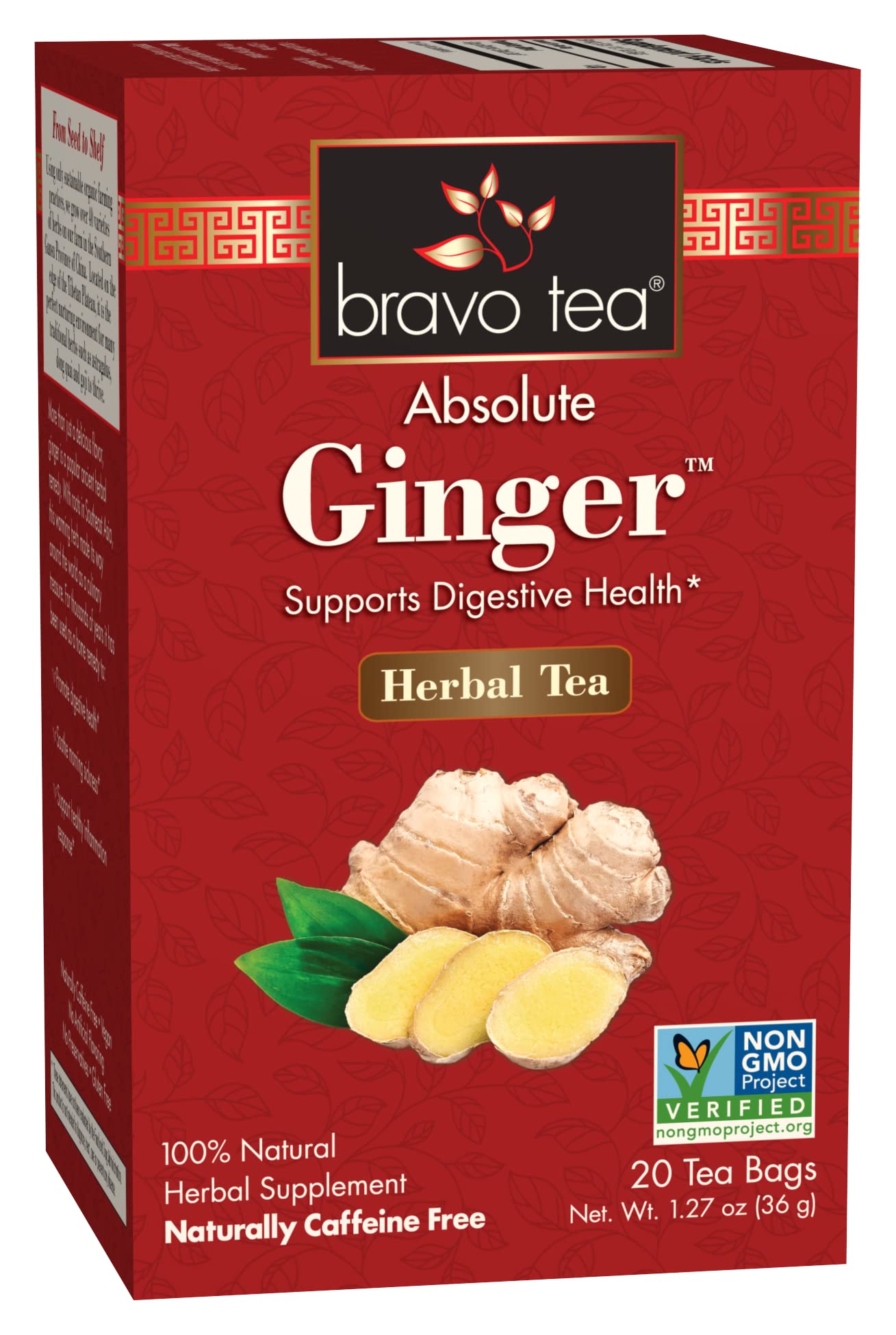 Bravo Tea Absolute Ginger Herbal Tea Caffeine Free, 20 Tea Bags, 1 Count
