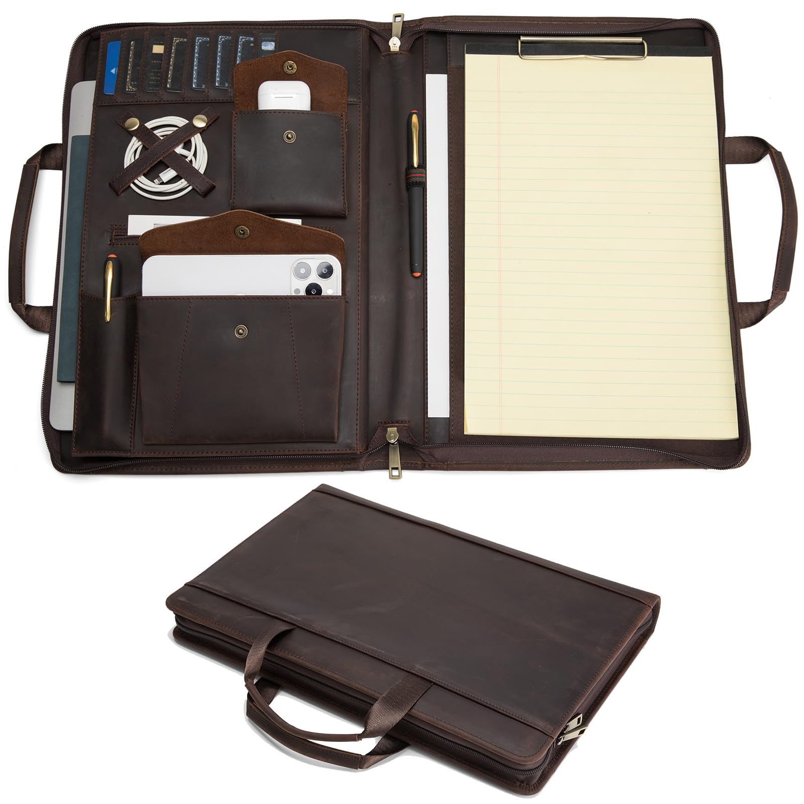 Portafolio de cuero genuino con asa y portapapeles, bloc legal (8.5 x 14 pulgadas), portadocumentos de cuero de grano completo con cremallera, 8 ranuras para tarjetas, organizador de negocios,