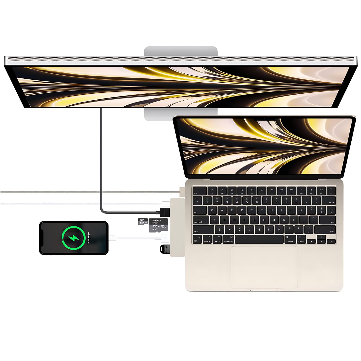 koncentrator USB-c pasuje do MacBook Air/Pro, HDMI, Thunderbolt, USB3.0, czytnik SD do MacBooka Air M2/M3, HDMI (Starlight, Star Light)