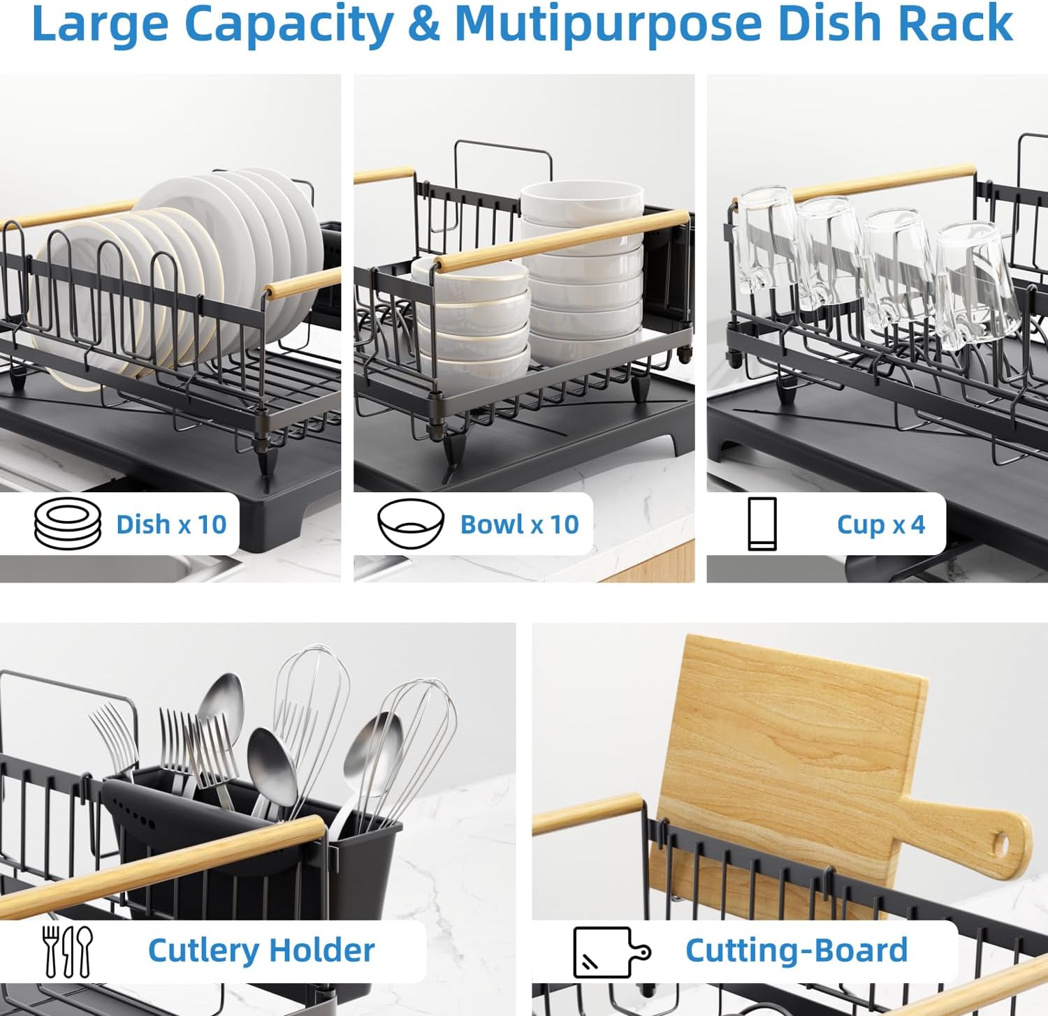 Dish Rack Dish Drying Rack with Drainboard Dish Rack for Kitchen Counter, Large-Capacity Dish Drainer with Cutlery Holder, Sturdy Kitchen Organizer for Dishes, Spoons and Forks