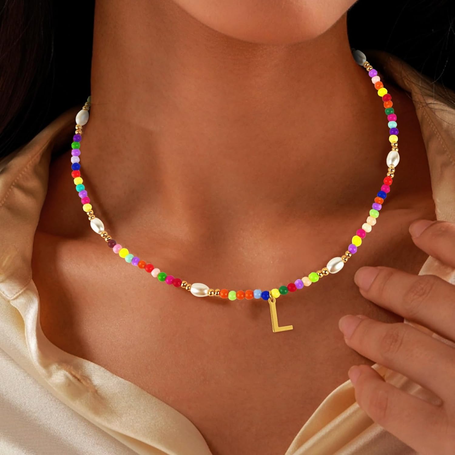 Beaded Initial Necklaces with Pearl - Trendy Gold Plated Choker Necklace for Girls Women Teen Preteen, Personalized Letter Jewelry Holiday/Birthday Gifts for Kids - Image 3