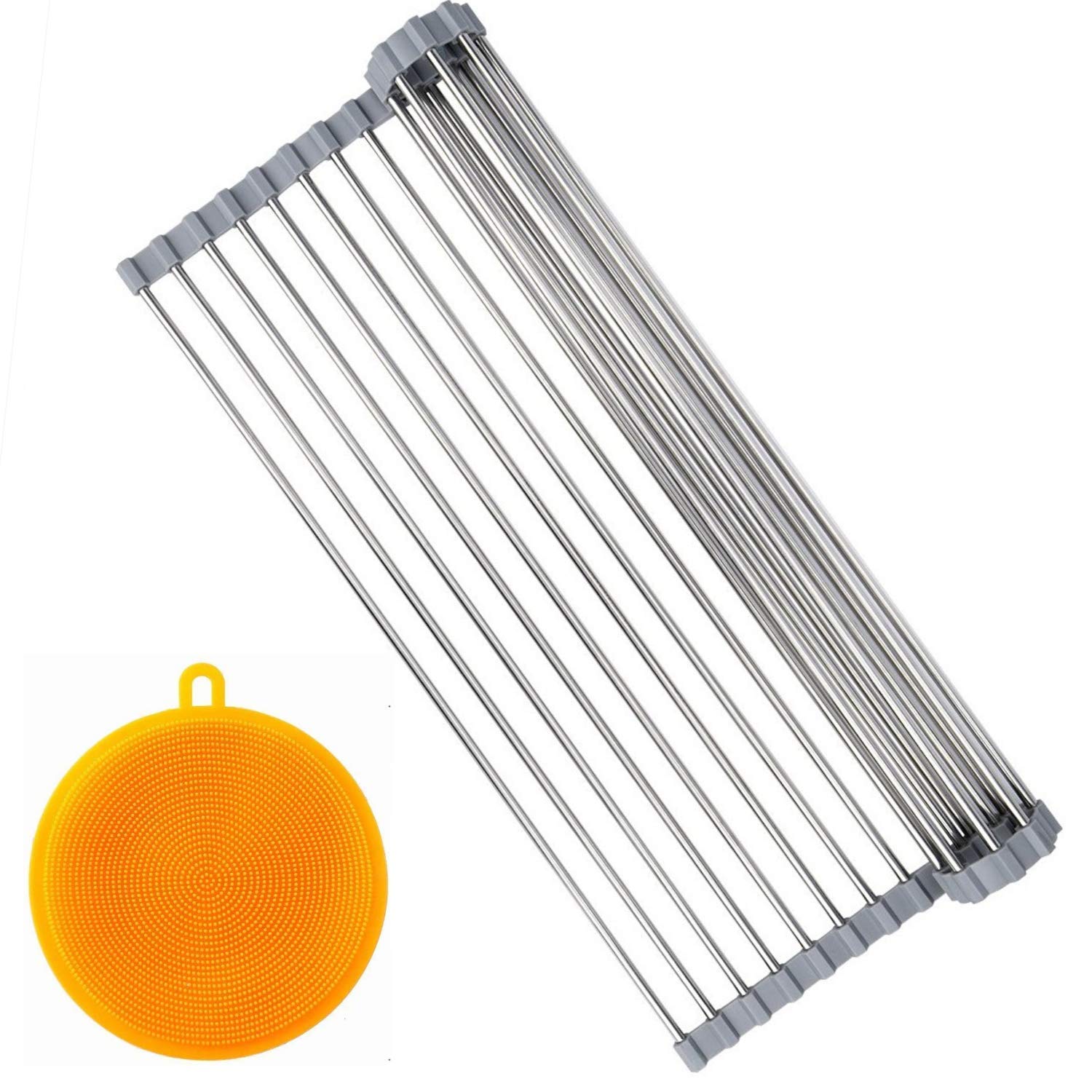 Dish Drying Rack Over The Sink, Stainless Steel Drainer Organizer Shelf for Kitchen Supplies and Countertop Space Saver with Fully Customizable, Large Capacity (Rollup Gray)