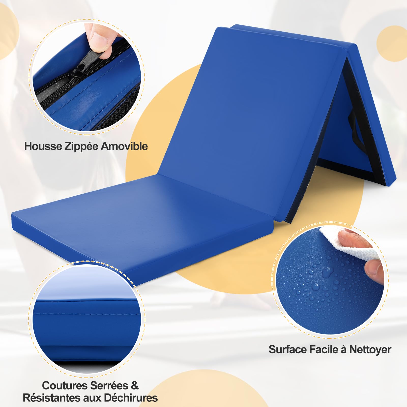GYMAX Tapis de Gymnastique Épais Pliable 180x60x5cm, Combinaisonable avec Attache Auto-Agrippante, Housse en Simili Cuir, Portable avec Poignées de Transport, pour Yoga, Fitness, Étirement