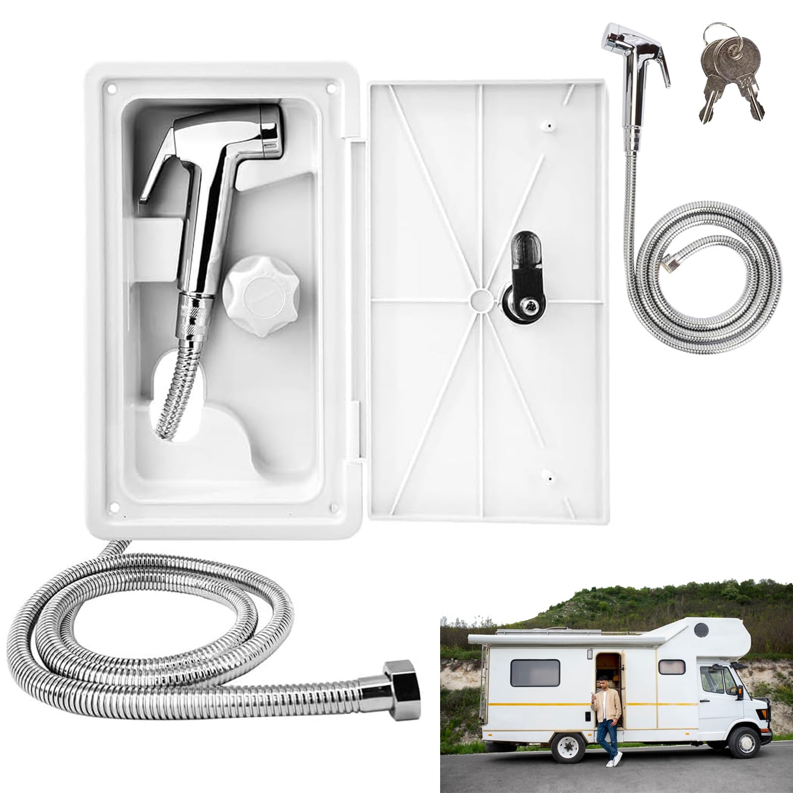 Ducha Extensible para Autocaravana Blanca con Manguera Metálica 1.5 M, Válvula Calor/Frío, Kit para Barco y Camping con Caja