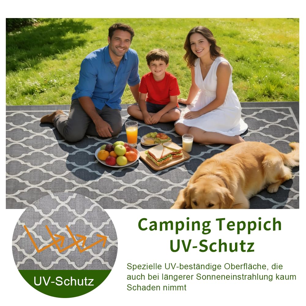 Outdoor Teppich Wetterfest 160x230 cm, Frühling Camping Teppich, Wasserdicht Balkon Terrasse Matte Rug Carpet für Garten Patio RV Picknick, Rug UV-Beständig Waschbar Tragbar, Graue Gitter