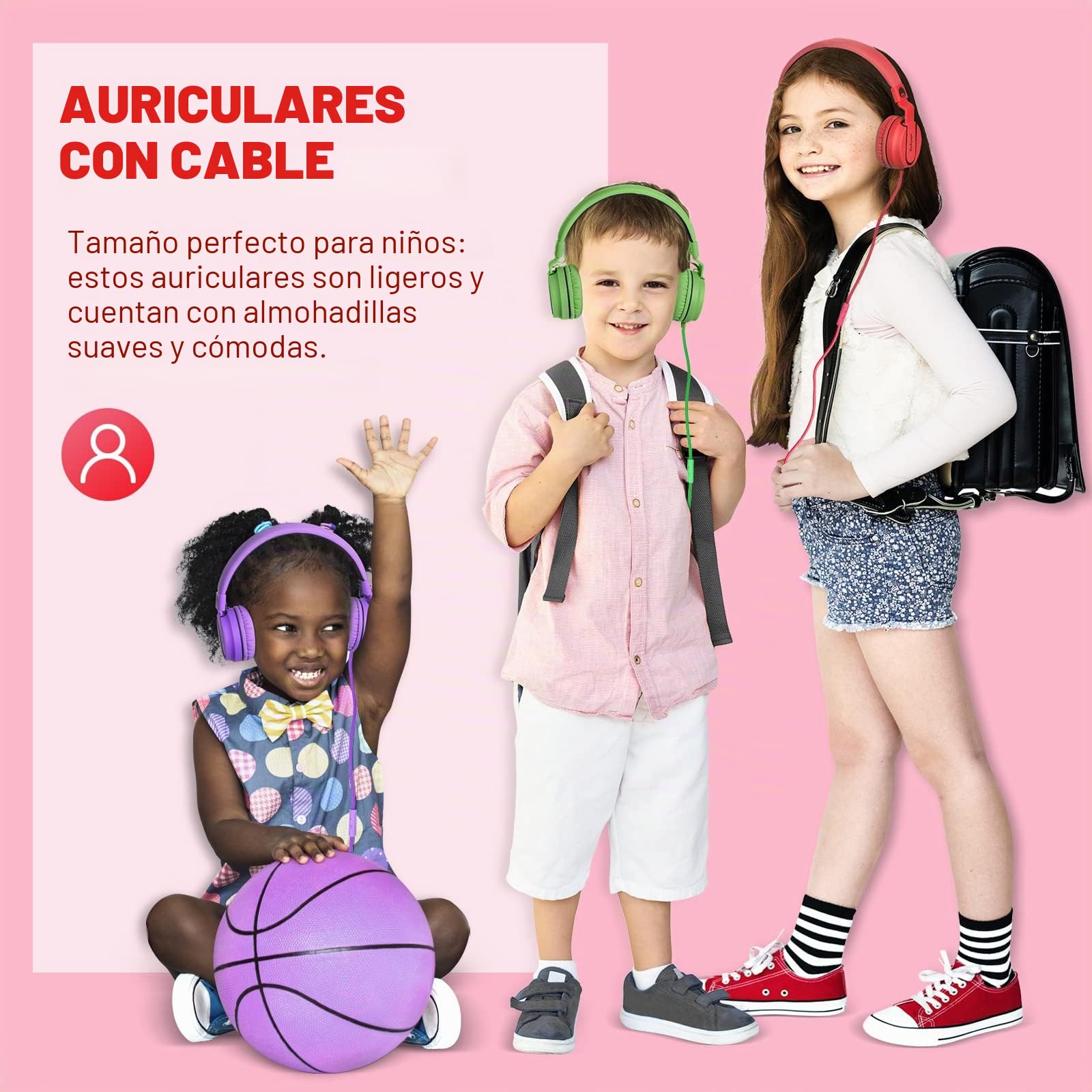RockPapa Auriculares On-Ear, Auriculares con Cable y Microfono, Ligeros, Cómodos y Plegables Audifonos para Niños Estudiantes Adolescentes, para PC/Mac/portátil/teléfono/DVD-Negro Rojo