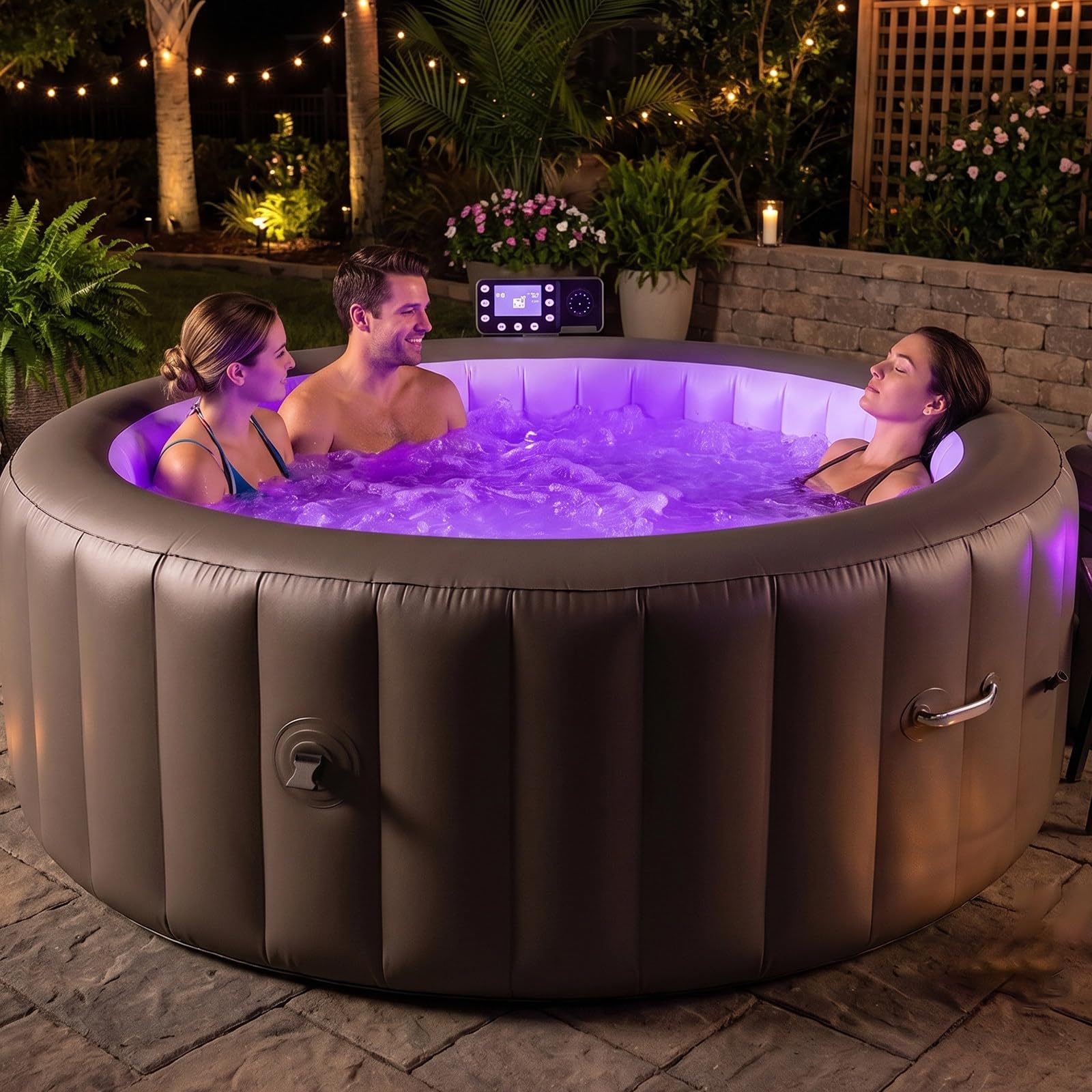 Spa Gonflable Portable D'Extérieur pour 4-6 Personnes 206 cm Spa Portable avec 150 Jets d'Air Massage Apaisant à Bulles 40℃ Réglable Construction en PVC Durable Indéchirable Comprend Tapis de Sol S