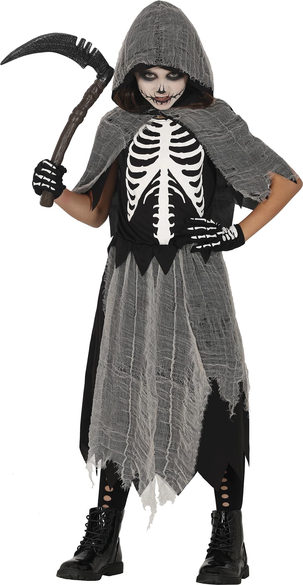 FIESTAS GUIRCA | Skeleton Reaper Fancy Dress Costume Children (5-6 years) - Cape, Hood and Dress - Skeleton Costumes for Halloween, Carnival and Parties - Ideal for Girls - Black and Grey