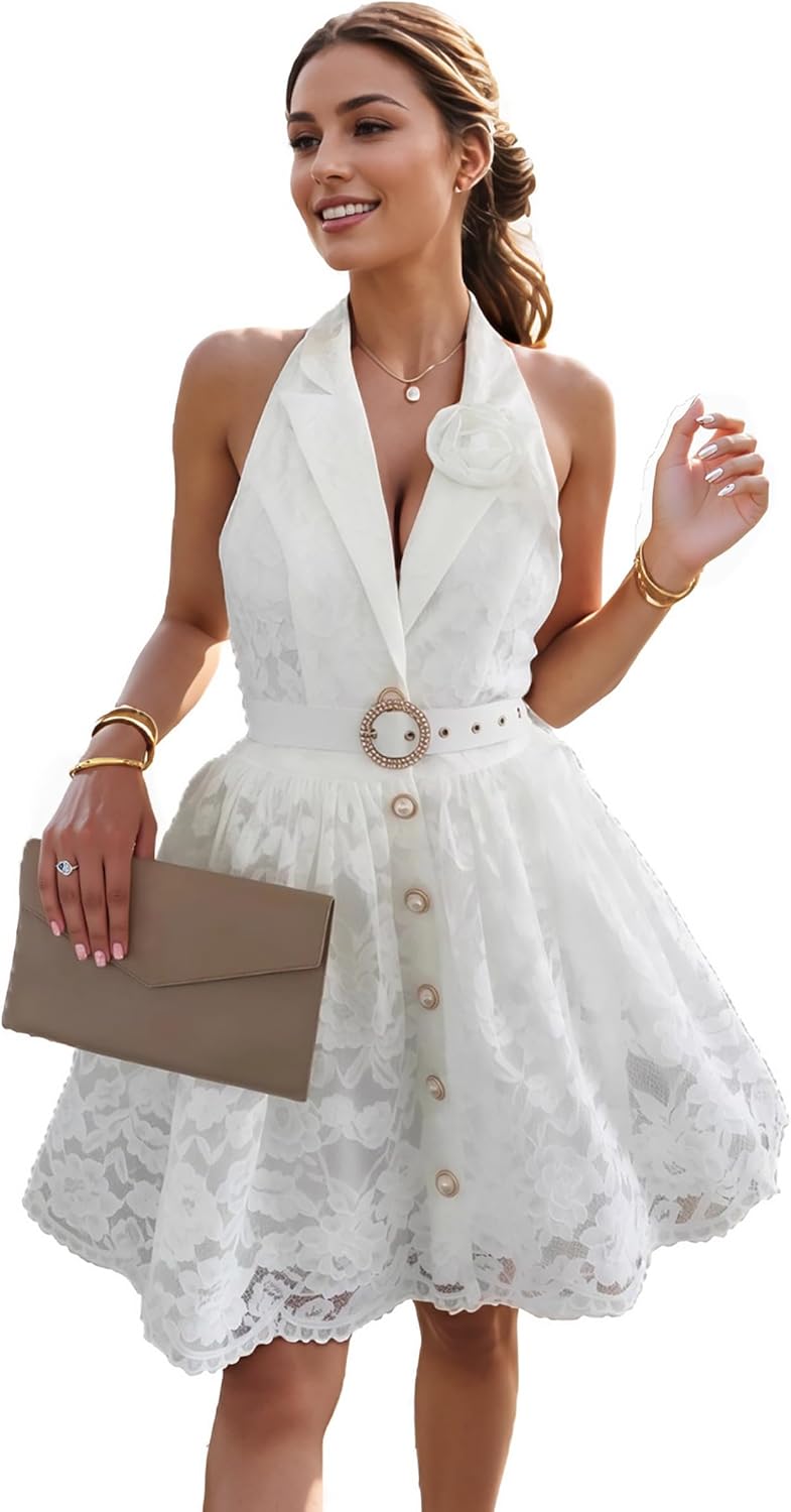 Women's Summer Halter Mini Dresses Sleeveless Ruffle High Waist A Line Pleated Flowy Swing Cocktail Party Dress