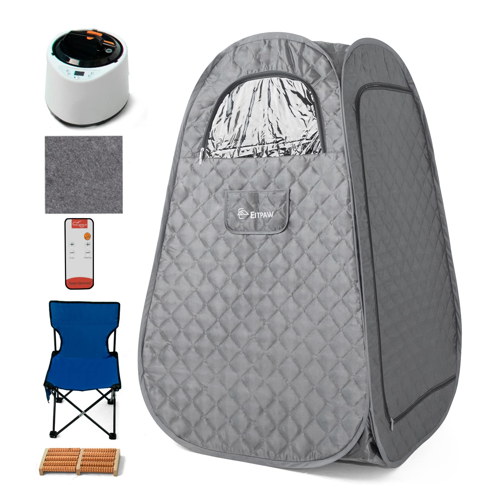 Eitpaw Portable Sauna for Home, Personal Steam Sauna for Home Spa, Full Size Portable Sauna with Foldable Chair, Remote Control Included, Grey