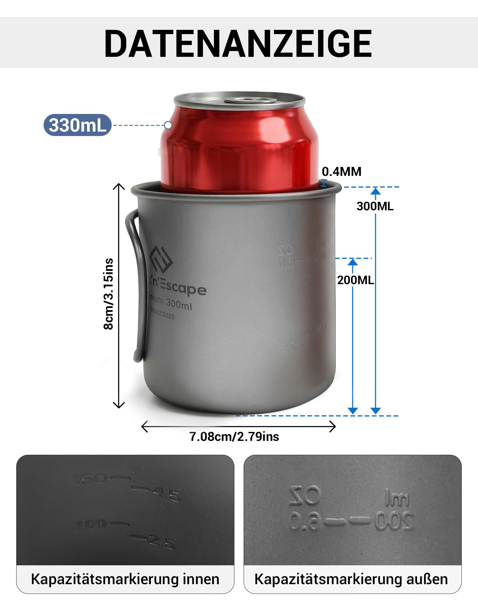 COOK'N'ESCAPE Titan Becher Camping – Ultraleichte Camping Tasse aus Titanium mit Deckel und klappbarem Griff, Aufhängbar, Robust & Hitzebeständig, ideal für Camping, Wandern und Outdoor-Picknick