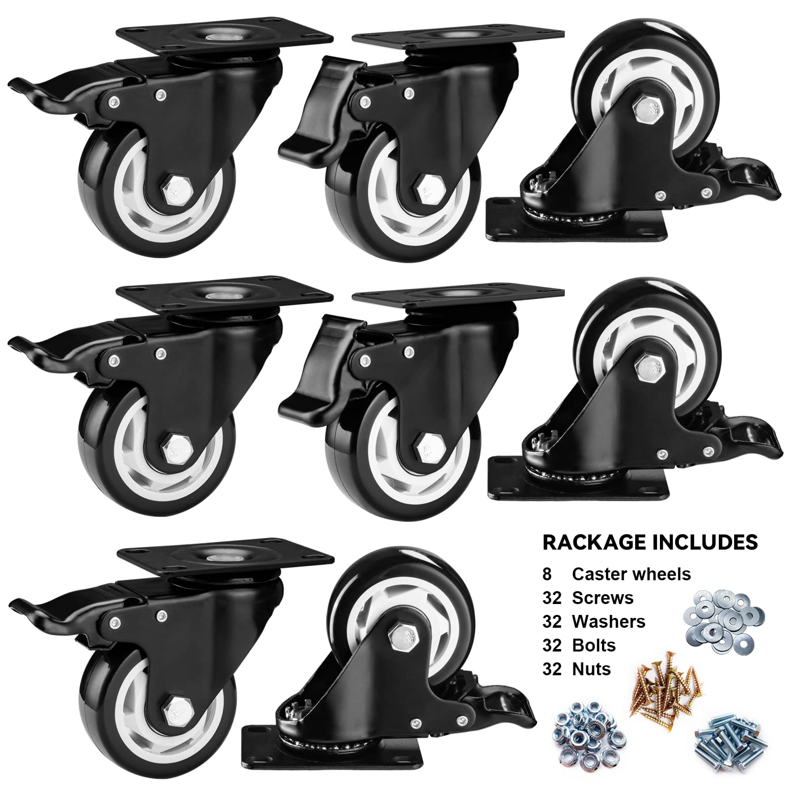 Caster Wheels - 3 Inch Casters Set of 8 Heavy Duty, BOSGEOT Locking Industrial Casters with 360 Degree No Noise Polyurethane Wheels, Swivel Plate Casters with Brake - Pack of 8