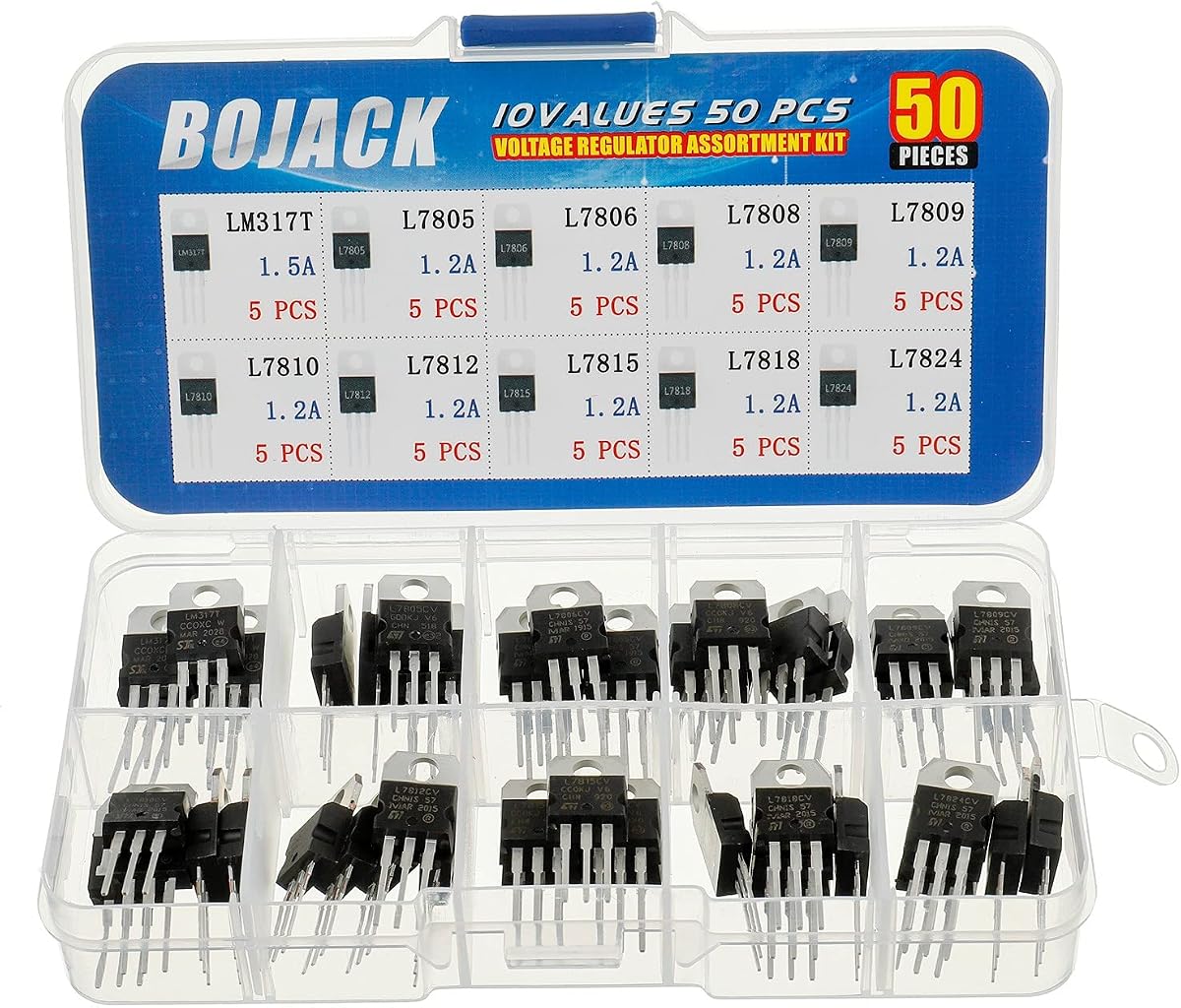 BOJACK 10 Values 50 Pcs LM317 L7805 L7806 L7808 L7809 L7810 L7812 L7815 L7818 L7824 TO-220 Package High Current Positive Voltage Regulator Assortment Kit