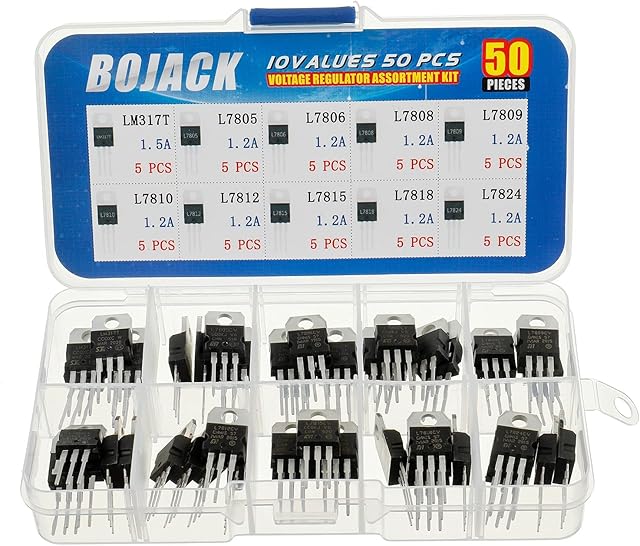 BOJACK 10 Values 50 Pcs LM317 L7805 L7806 L7808 L7809 L7810 L7812 L7815 L7818 L7824 TO-220 Package High Current Positive Voltage Regulator Assortment Kit
