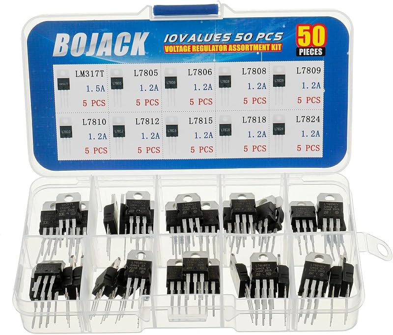 BOJACK 10 Values 50 Pcs LM317 L7805 L7806 L7808 L7809 L7810 L7812 L7815 L7818 L7824 TO-220 Package High Current Positive Voltage Regulator Assortment Kit