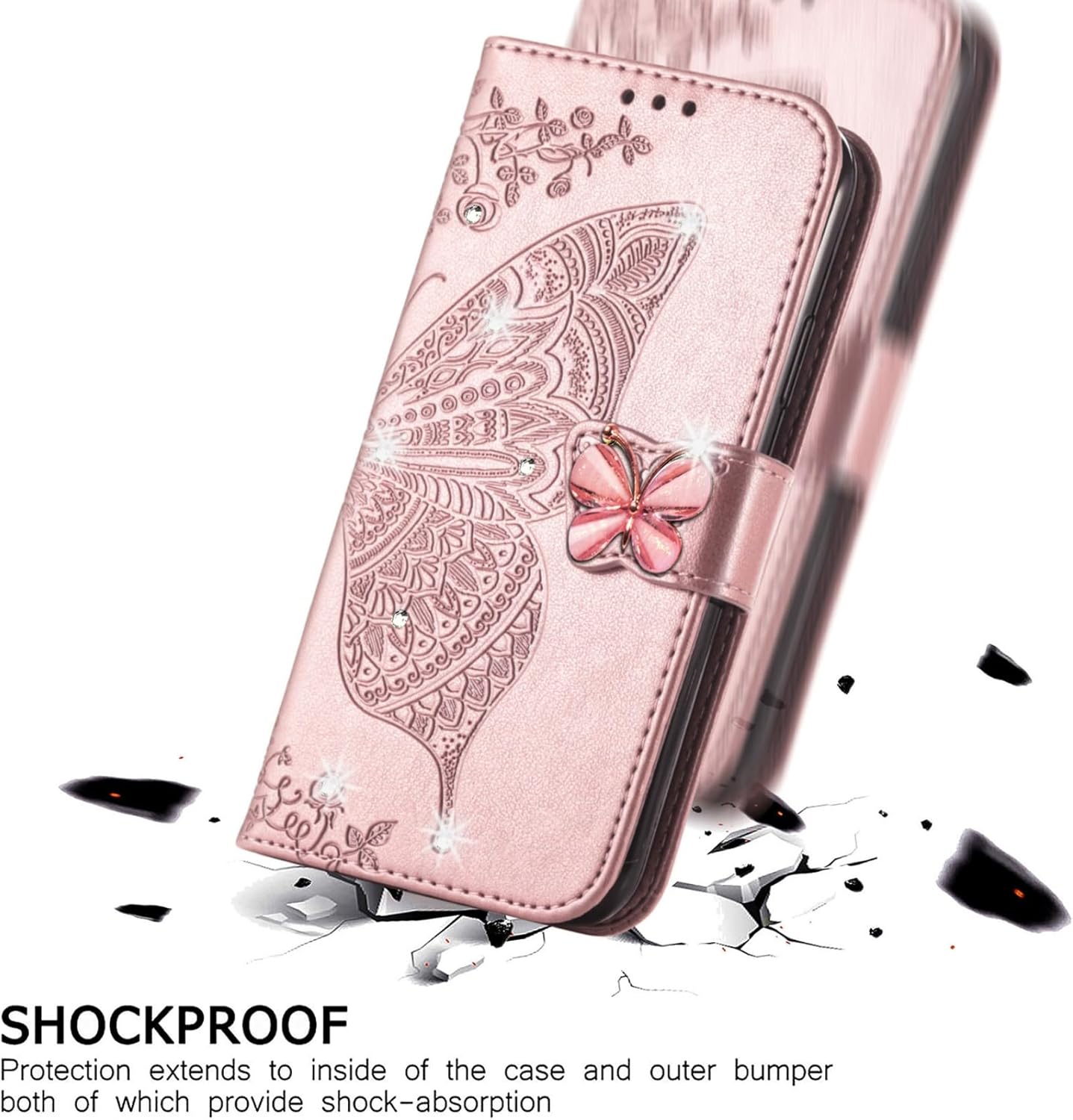 CCSmall Wallet Case for Xiaomi Redmi 14C 4G Case for Women Girls, Embossed Floral Butterfly PU Leather Flip Case Cover with Card Slot Holder for Xiaomi Redmi 14C 4G Rhinestone Rose Gold - Image 6