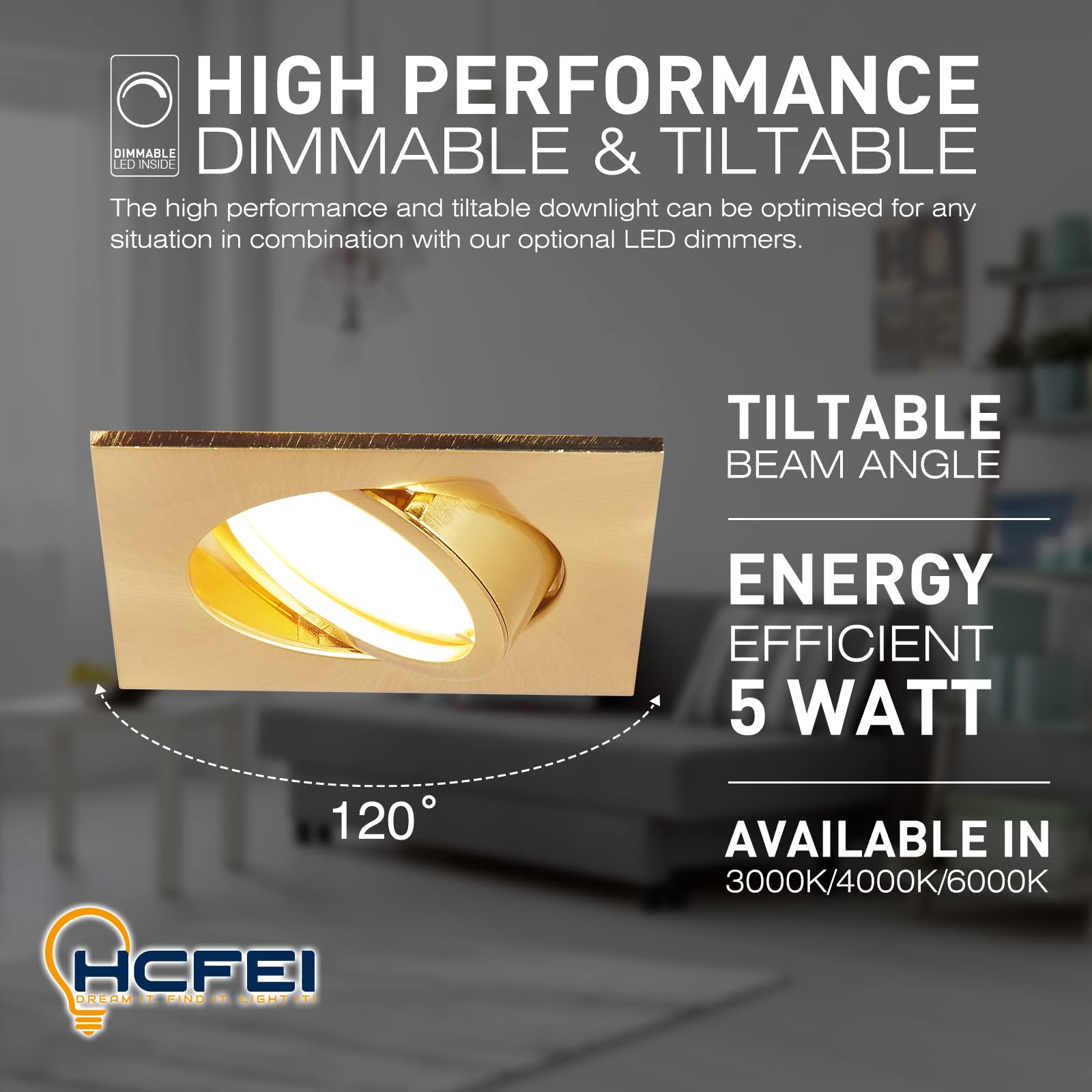 HCFEI LED Einbaustrahler ultra Flach | 425 Lumen | 230V 5W | Dimmbar | Gehäuse Eckig | Schwenkbar | Gold farbig (10er - Warmweiß)